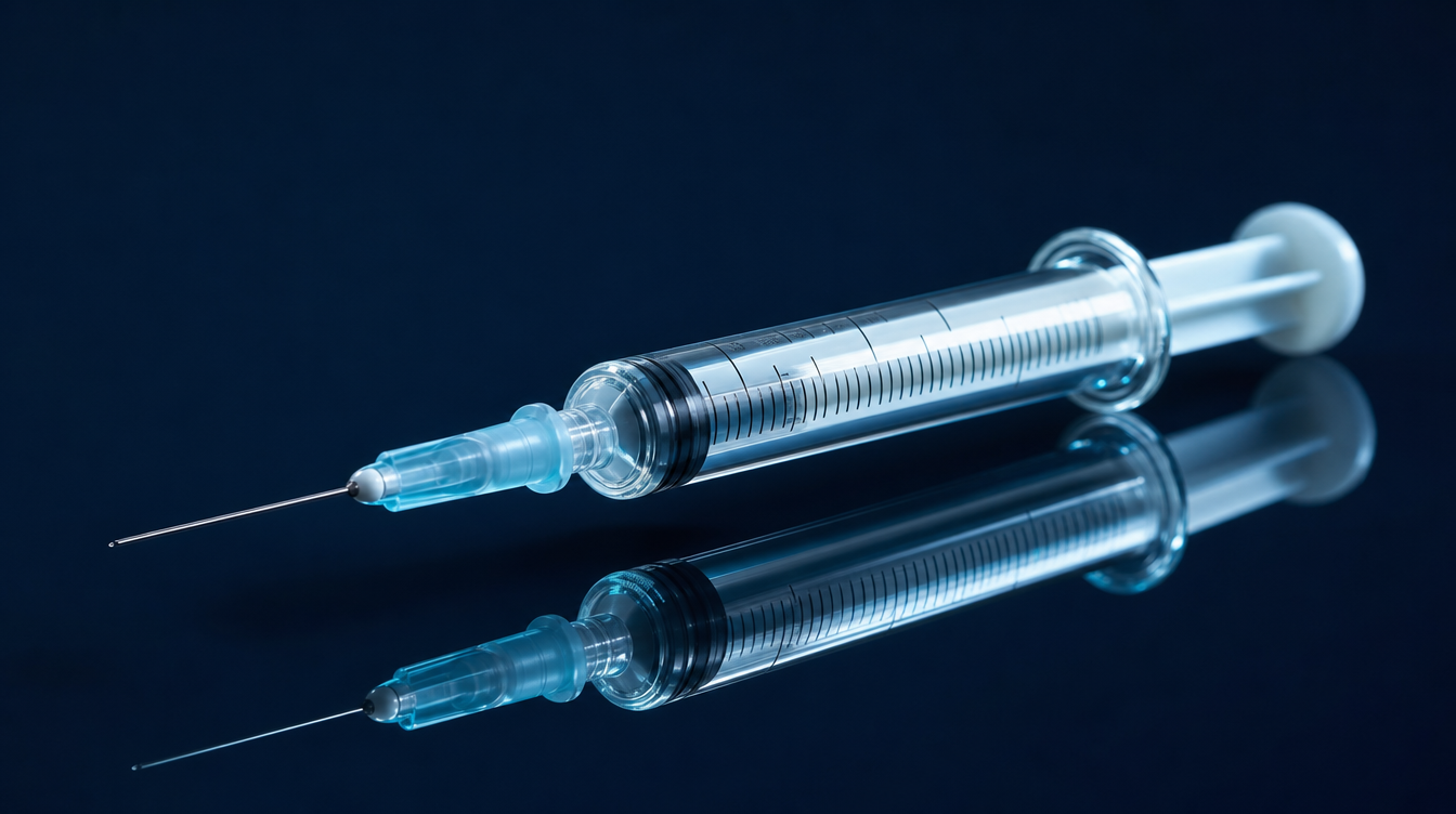Visualisation of a clean insulin syringe on a dark surface — 1 ml required for reconstitution